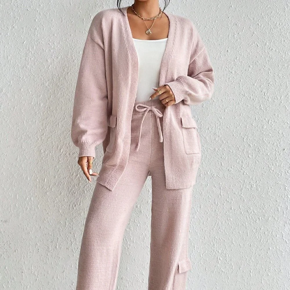 Pink Casual Womens Drop Shoulder Cardigan & Tie Front Knit Pants